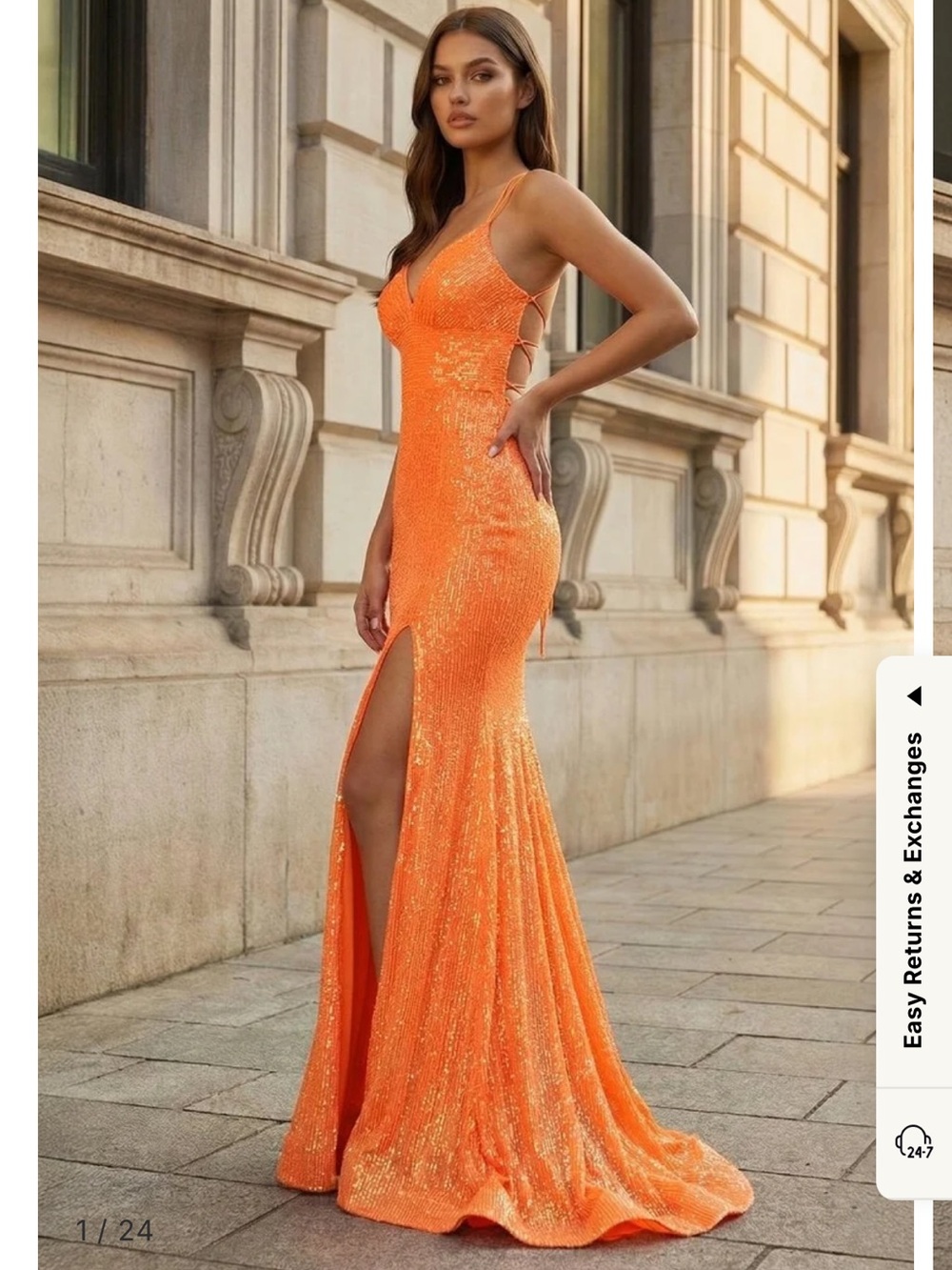 Kiss Orange Sequin Side-Slit Mermaid Gown